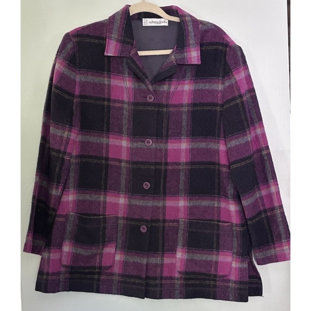 Schmeinck Jacket Womens 12 Purple Pink Plaid Wool Blend Coat Button Lightweight